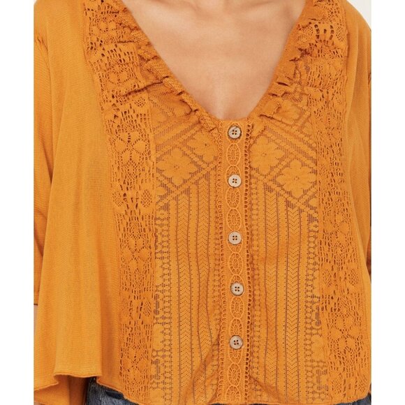 Free People Women Mae Top Medium Vneck Floral Embroidery Flowy Raw Lace Trim - Picture 8 of 13